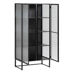 Industrial Fluted Glass 2 Door Tallboy Display Cabinet - Matt Black