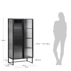 Industrial Fluted Glass 2 Door Tallboy Display Cabinet - Matt Black