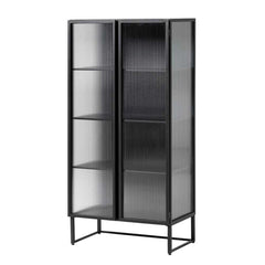 Industrial Fluted Glass 2 Door Tallboy Display Cabinet - Matt Black
