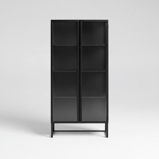 Industrial Fluted Glass 2 Door Tallboy Display Cabinet - Matt Black