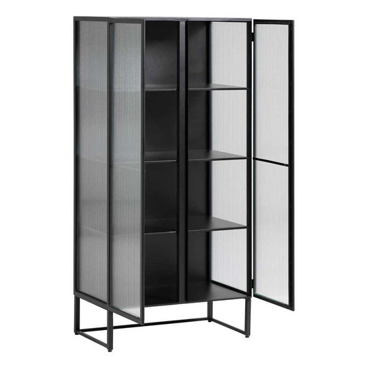 Industrial Fluted Glass 2 Door Tallboy Display Cabinet - Matt Black