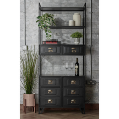 Industrial Metal Bookcase with Cupboard and Drawers - Matt Black