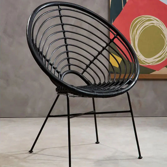 Boho Black Rattan And Black Metal Accent Chair Armchair