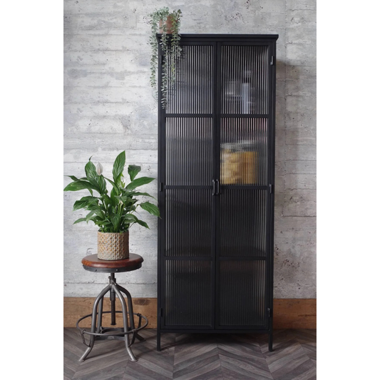 Industrial Fluted Glass Display Cabinet - Matt Black