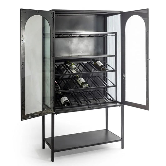 Industrial Black And Gold Metal 2 Door Wine Storage Bar Cabinet