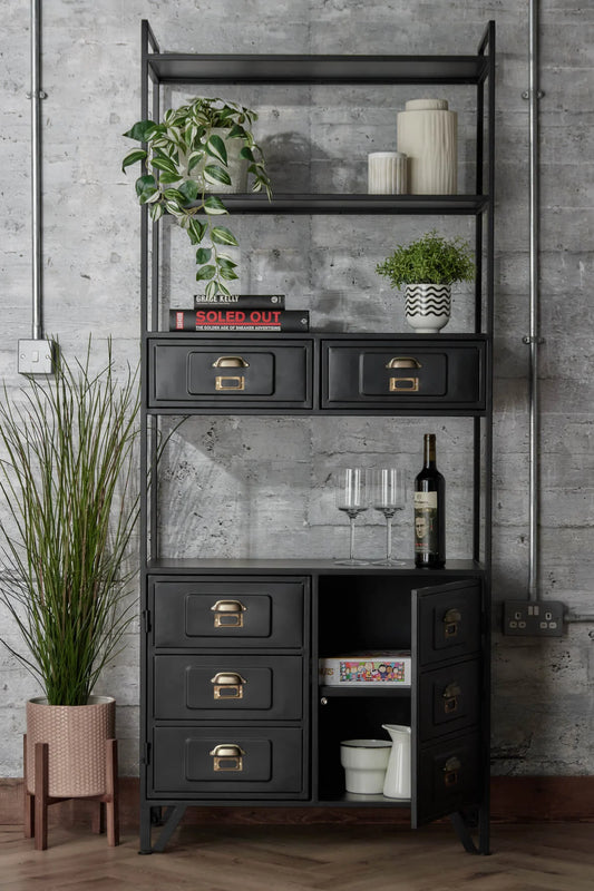 Industrial Metal Bookcase with Cupboard and Drawers - Matt Black
