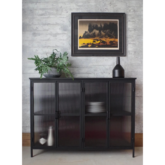 Industrial Fluted Glass Sideboard - Matt Black