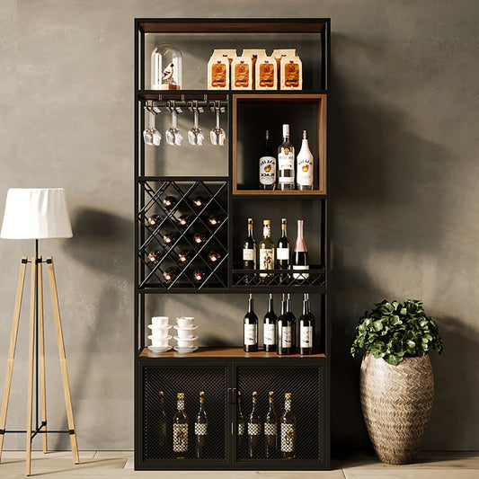 Industrial Tall Black Bar Wine Rack Cabinet with Glass Holder Wood Home Bar Cabinet