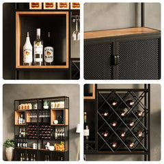 Industrial Tall Black Bar Wine Rack Cabinet with Glass Holder Wood Home Bar Cabinet