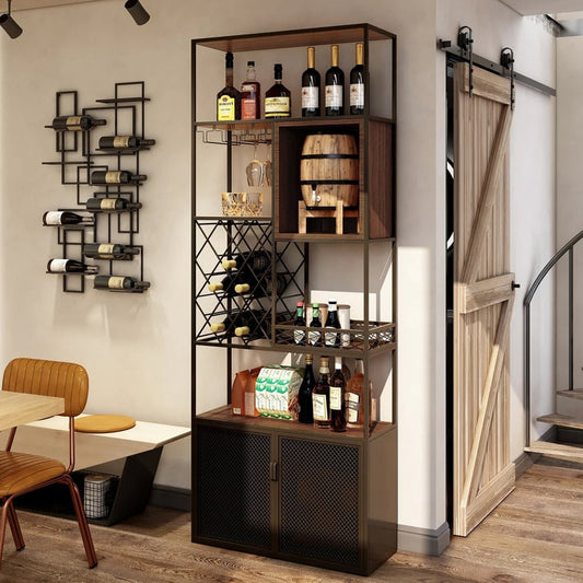 Industrial Tall Black Bar Wine Rack Cabinet with Glass Holder Wood Home Bar Cabinet
