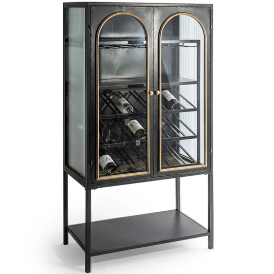 Industrial Black And Gold Metal 2 Door Wine Storage Bar Cabinet