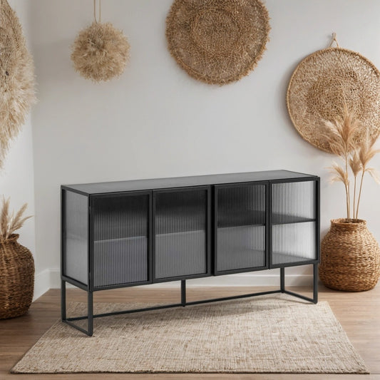 Industrial Fluted Glass Tv Unit - Matt Black