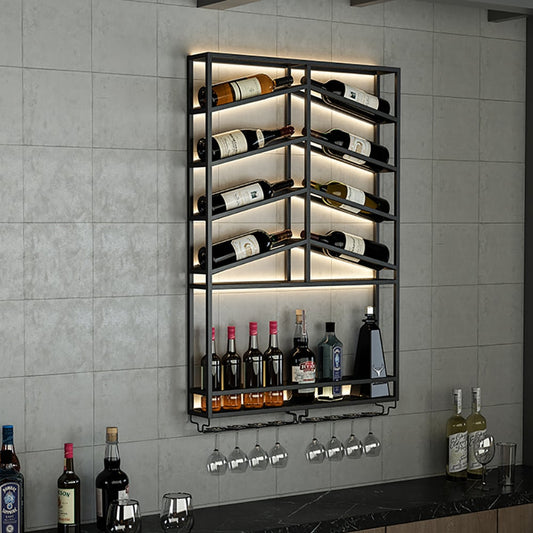 Industrial Metal Wall Mounted Black Wine Rack with Glass & Bottle Rack